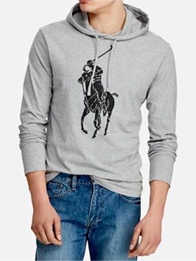 Polo by Ralph Lauren Gray Hooded Long-Sleeve Tee with Polo Player Graphic